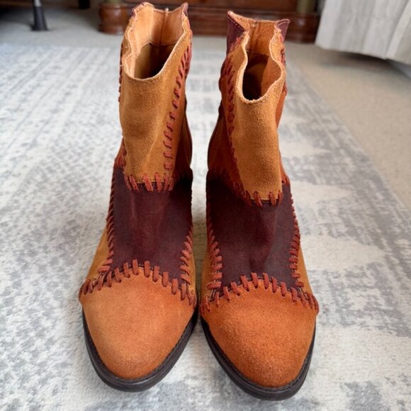 Brown and Tan Suede Patchwork Leather Booties - Picture 3 of 11